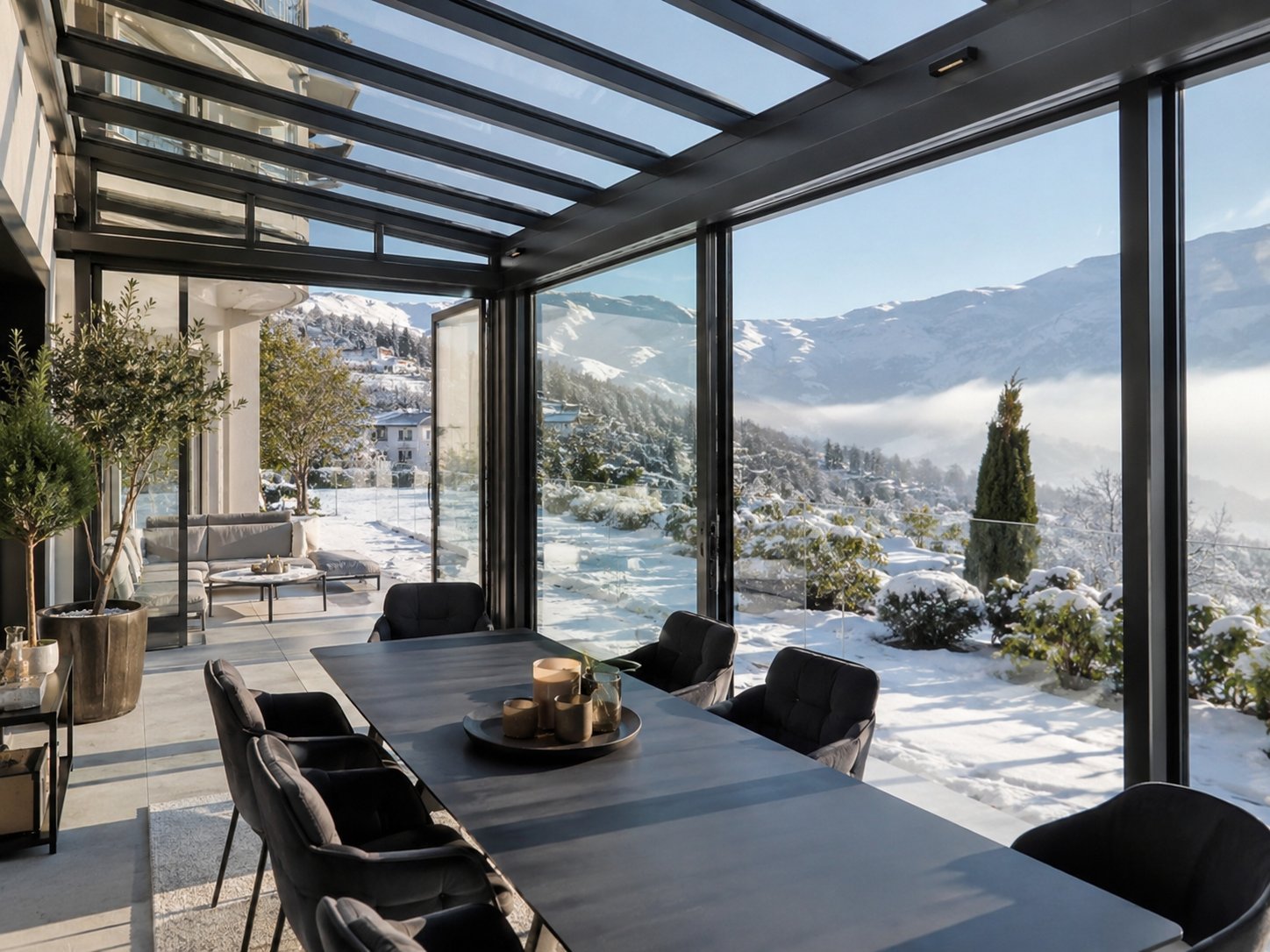 Wintergarten mit Panoramaverglasung und Blick auf verschneite Berge