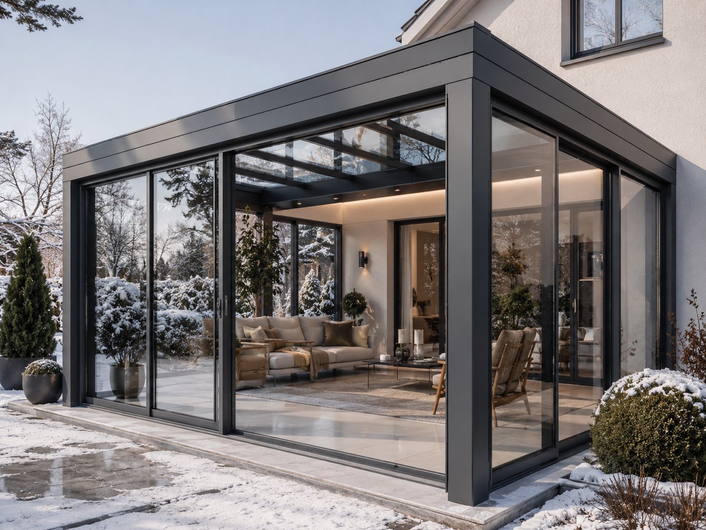 Aluminium-Wintergarten mit Glasdach im Winter